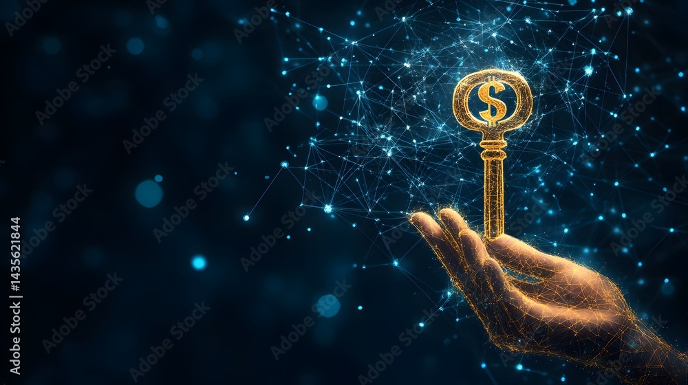 Poster Digital wealth concept: A golden key with a dollar sign rests on a stylized hand, set against a network of blue lines. Future finance visualized. Abstract wireframe in dark blue