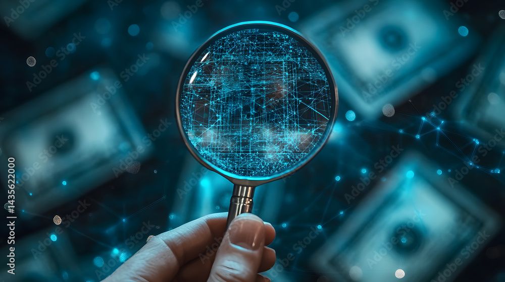 Aufkleber a magnifying glass reveals a glowing digital network over blurred money, symbolizing financial analy