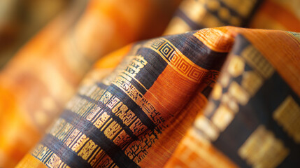Handwoven Kente cloth with golden Adinkra symbols, celebrating African heritage and unity.