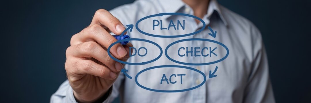 Person drawing a plan-do-check-act cycle diagram.