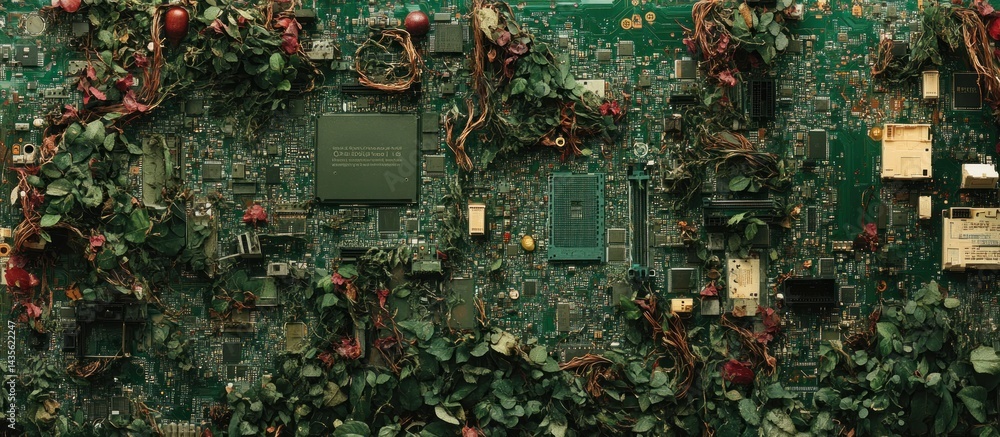 Aufkleber a captivating confluence of technology and nature reveals a circuit board adorned with flourishing g