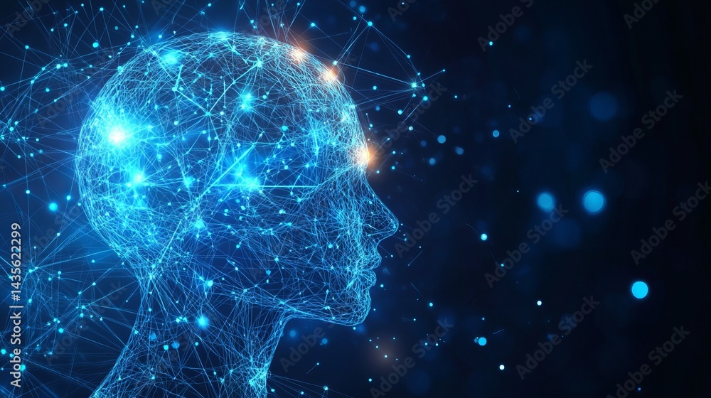 Poster abstract digital human head network connection technology concept ai data blue dark nodes lines