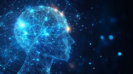 Abstract digital human head network connection technology concept ai data blue dark nodes lines