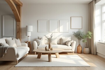Bright, Minimalist Living Room with White Sofa, Rug, and Blank Frames in a Neutral Color Palette, Bathed in Soft Natural Light                        