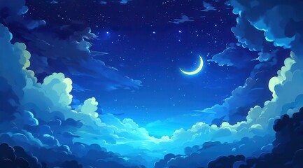 A serene night sky filled with stars and a crescent moon surrounded by fluffy clouds. Copy space, 300 dpi, commercial use