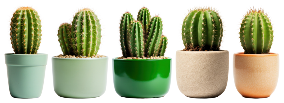 PNG Colorful potted cacti in row, element set on transparent background - Powered by Adobe