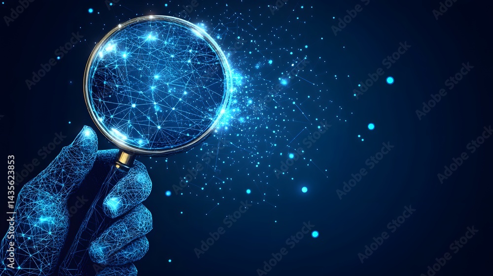 Poster a futuristic, digital-themed image showcasing a blue wireframe hand holding a magnifying glass, reve