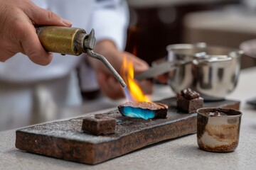 Chef uses flame to caramelize unique dessert featuring blue interior filling on metallic cooking surface during food prep