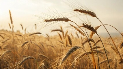 Golden Wheat Stalks Bending in Breeze Sunlit Grain Details and Bearded Awns