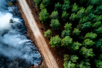 Gravel road separates healthy green forest and wildfire devastation, aerial view showcasing environmental impact and risk