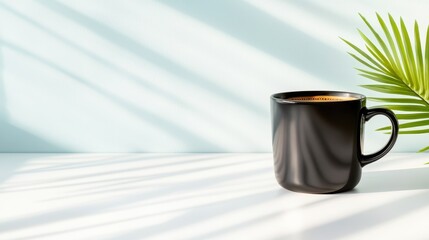 A sleek black coffee mug sits on a bright surface, casting soft shadows along with a green palm leaf, creating a serene and inviting atmosphere for coffee lovers.