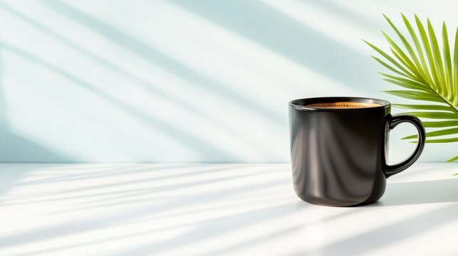 A sleek black coffee mug sits on a bright surface, casting soft shadows along with a green palm leaf, creating a serene and inviting atmosphere for coffee lovers.