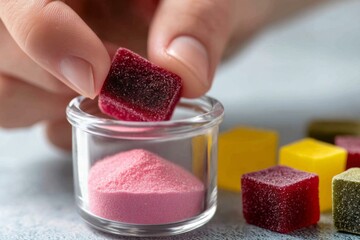 Person Placing Fruit Jelly Cube on Top of Pink Powder in Clear Glass Jar with Colorful Candies Around