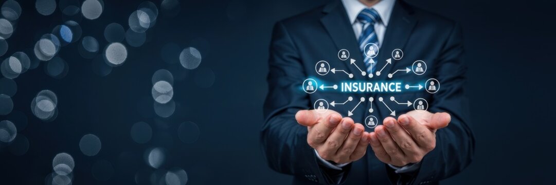 Businessperson presenting a network of insurance solutions.