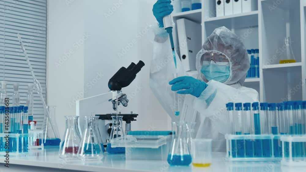 Poster a dedicated scientist in protective gear carefully prepares solutions while conducting advanced expe