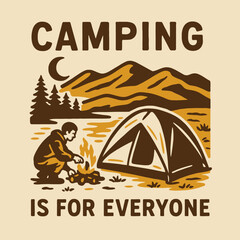 Obraz premium Camping Adventure Illustration Featuring Tent Fire and Mountain Landscape