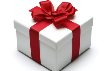 Obraz premium Elegant white gift box with a red ribbon and bow, perfect for celebrations and events