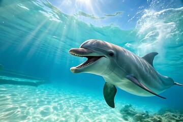 Fototapeta premium Playful Smiling Dolphin in Clear Turquoise Ocean – Vibrant Underwater Marine Photography