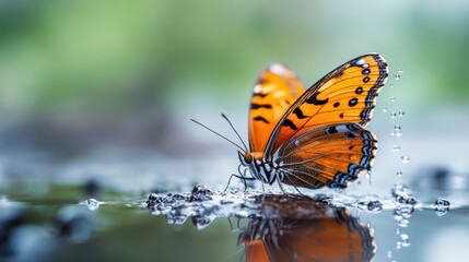 Obraz premium This stunning image showcases a vibrant orange butterfly delicately perched on the surface of the water, creating mesmerizing splashes that reflect its beauty and grace.