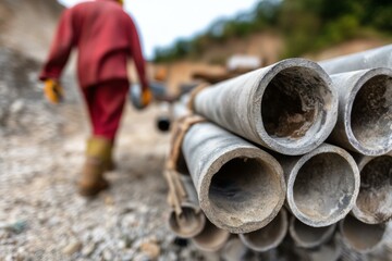 Construction Site Focus: Stacked Concrete Pipes & Worker in Hard Hat and Overalls Moving Materials