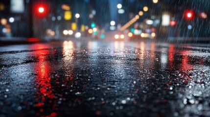 A striking image of a rain-soaked street at night, where bright traffic lights and reflections create a mesmerizing and vibrant scene full of urban energy.