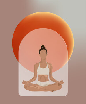 A girl meditates in front of an orange balloon. Vector illustration can be used as a poster for international yoga day, sports schedule, relama and other.