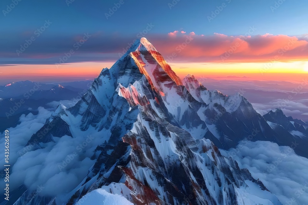 Aufkleber 夕焼けに染まる雪山の頂上と雲海 自然が織りなす壮大な風景 鮮やかな色彩と幻想的な光景