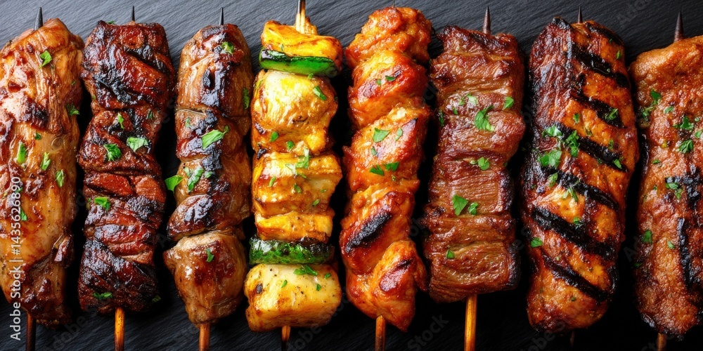Poster assorted grilled skewers with meat and vegetables arranged on black surface showing color contrast a