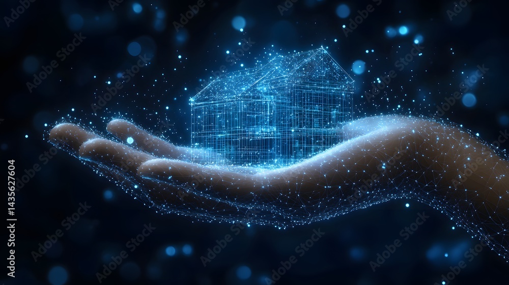 Poster Futuristic digital hand supporting a wireframe house, both constructed from glowing blue lines and dots. Bokeh background enhances the ethereal, networked aesthetic. Abstract wireframe in dark blue