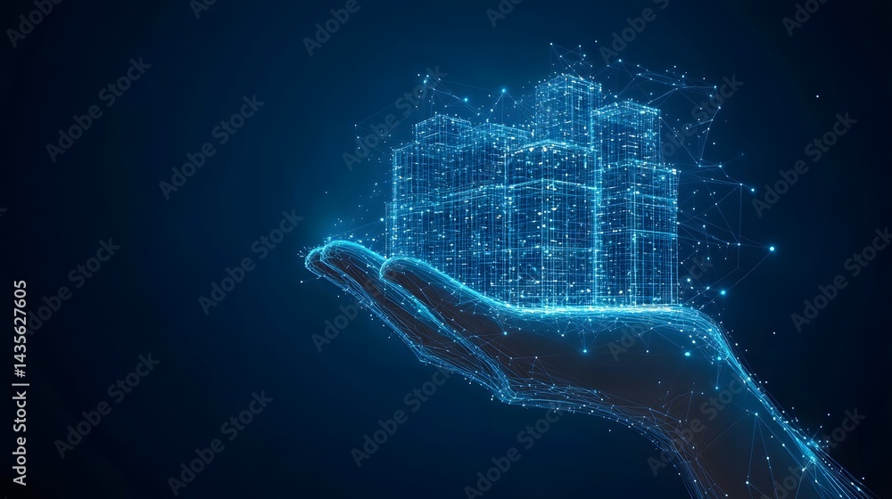 Aufkleber futuristic concept of a digital city held in a glowing hand. interconnected lines and nodes form sky
