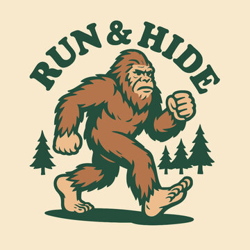 Bigfoot Running in Forest Illustration with Run and Hide Text