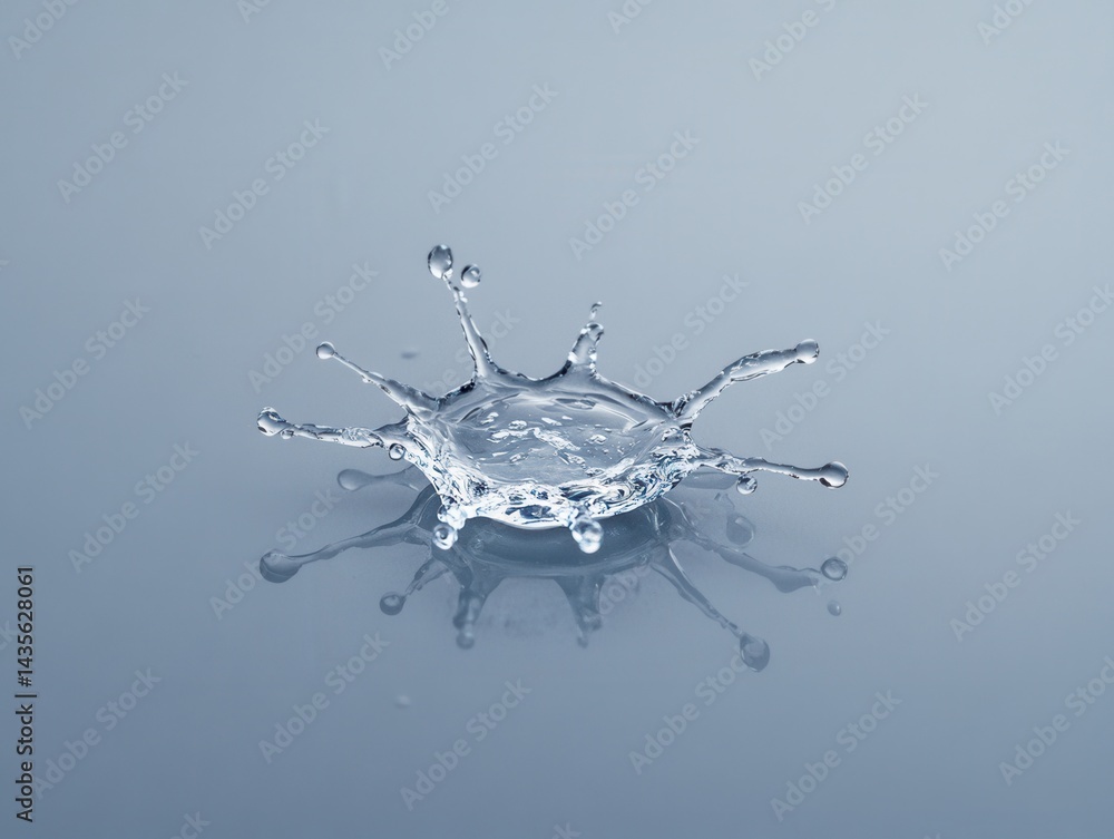Poster a clear water droplet splashes, creating a crown-like shape with delicate tendrils and a reflective 