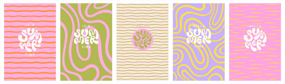 Summer backgrounds collection. Hello it's summer time hand lettering. Hand drawn waves, twisted wavy stripes, uneven strokes, deformed organic lines funky groovy hippie doodle rectangle patterns set.
