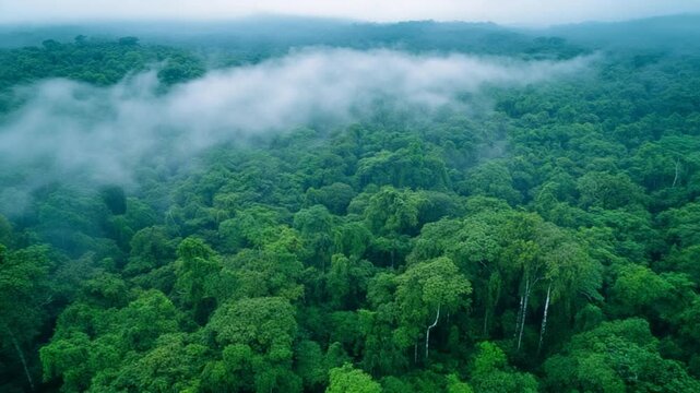 Aerial view of a lush green rainforest canopy with low-hanging mist and fog