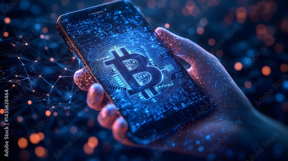Leinwandbilder Captivating microstock image showcasing cryptocurrency and digital connectivity. A hand holds a smartphone displaying a Bitcoin symbol amidst a glowing network. Abstract wireframe in dark blue.