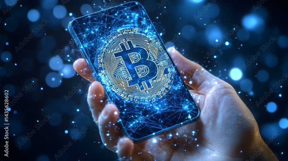 Leinwandbilder Illuminated hand holding a smartphone displaying a glowing Bitcoin symbol with network connections and sparks. Bokeh lights enhance the digital currency concept Abstract wireframe in dark blue