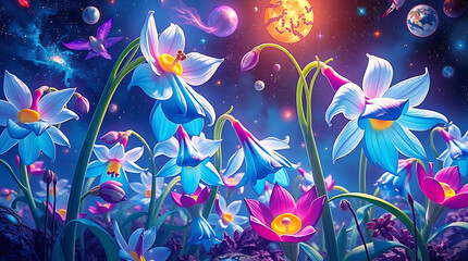 majestic cosmic bluebells flowers in the galaxy, created by generative ai