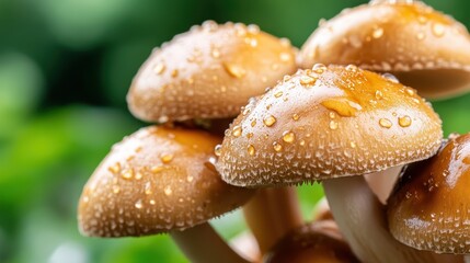 Obraz premium A close-up view of mushrooms with droplets of water glistening on their surface, showcasing the beauty and intricacy of nature in a vibrant green setting.