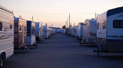 Numerous 5th Wheel camper brands, including Fuel, Springdale, and Guide, are kept at a storage location.