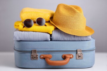 Yellow straw hat and sunglasses on top of blue suitcase with towel symbolizing vacation packing essentials and relaxed summer travel moment on soft indoor background