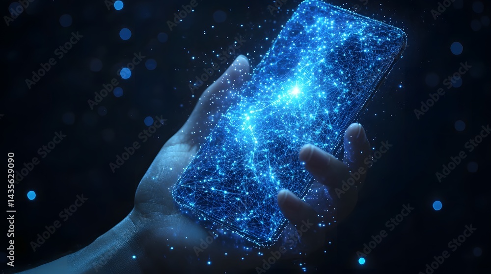 Aufkleber a hand holds a smartphone displaying a vibrant, interconnected network of blue lines and dots. this 