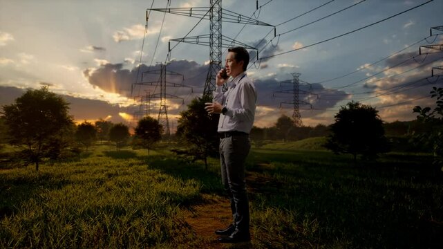 Full Body Side View Of An Asian Male Professional Worker Standing Near High Voltage Tower, Industrial Facility, He Is Speaking With Someone In The Phone And Moving His Left Hand