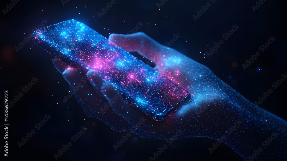 Fototapete futuristic concept showing digital connection. a stylized hand holds a smartphone displaying a cosmi