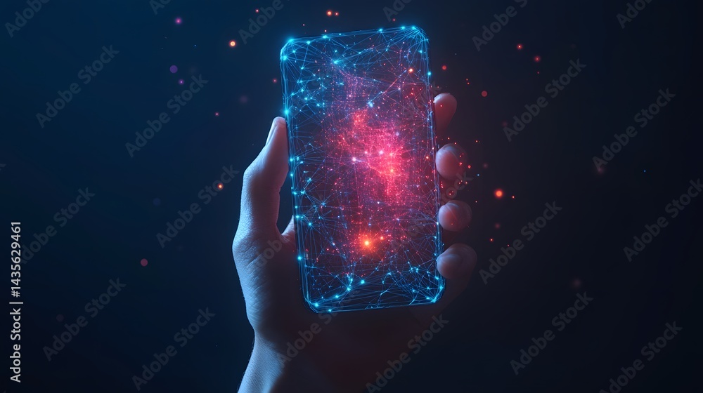Poster hand showcasing a smartphone displaying a network of glowing blue and red data nodes. a futuristic r