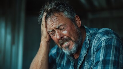 Fototapeta premium A distressed man clutches his head in overwhelming emotional turmoil, showcasing the reality of mental struggles and the weight of life’s challenges confronting him.