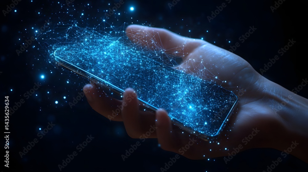 Poster Digital connection shown by a hand holding a smartphone, surrounded by a glowing network. Technology and connectivity represented with Abstract wireframe in dark blue