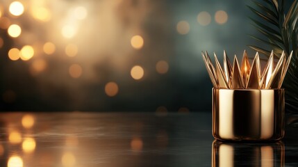 A captivating shiny crown-shaped object radiates elegance while perched on a sleek surface, amidst a blurred bokeh background that suggests sophistication.