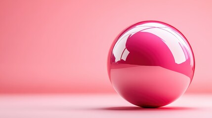 Obraz premium A shiny pink sphere rests on a soft pink background, showcasing reflections and curves that evoke a sense of calm and simplicity in a modern aesthetic.