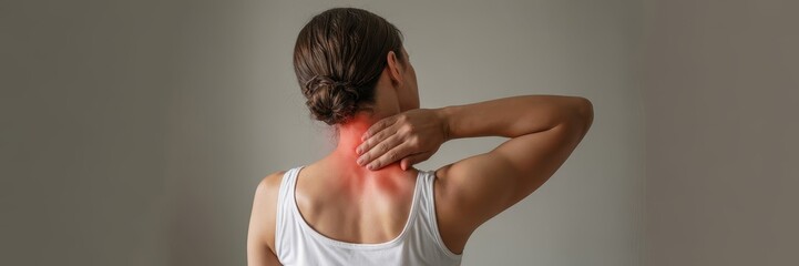 Woman experiencing neck pain depicted in  shot.