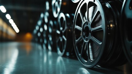 An artistic close-up of vintage film reels displayed in a storage space, capturing the nostalgic essence of cinema and storytelling through film.